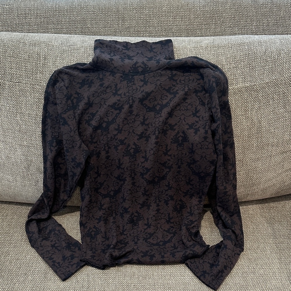 Free People Black and Brown Floral Patterned Long Sleeve Top